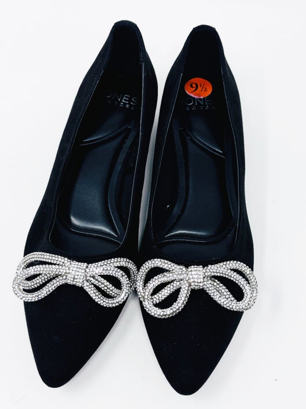 Jones New York Womens Black w/ silver Rhinestone Bow Accent Heel Flat   Size 9.5